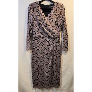 Jessica Howard Glitter‎ Lace Sheath Dress V-Neck Lined Stretch Taupe/Black Sz 10